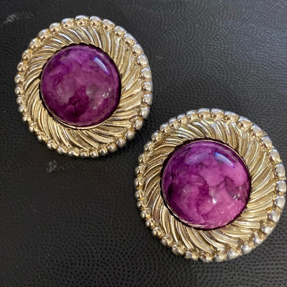 Vintage Silver Tone & purple acrylic pierced Earrings - Picture 2 of 6